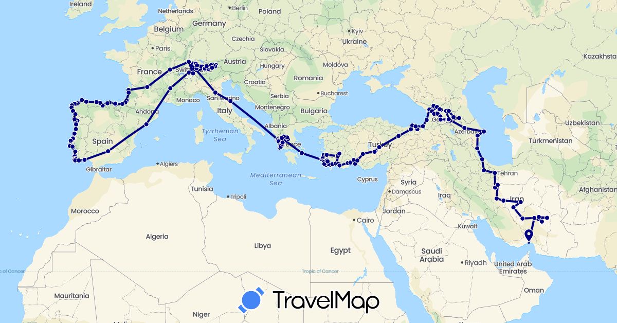 TravelMap itinerary: driving in Austria, Azerbaijan, Switzerland, Spain, France, Georgia, Greece, Iran, Italy, Portugal, Turkey (Asia, Europe)